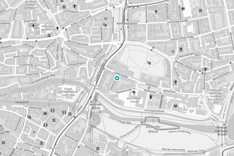 Karte mit der Lage der Praxis in der Emilienstraße 10, Nürnberg